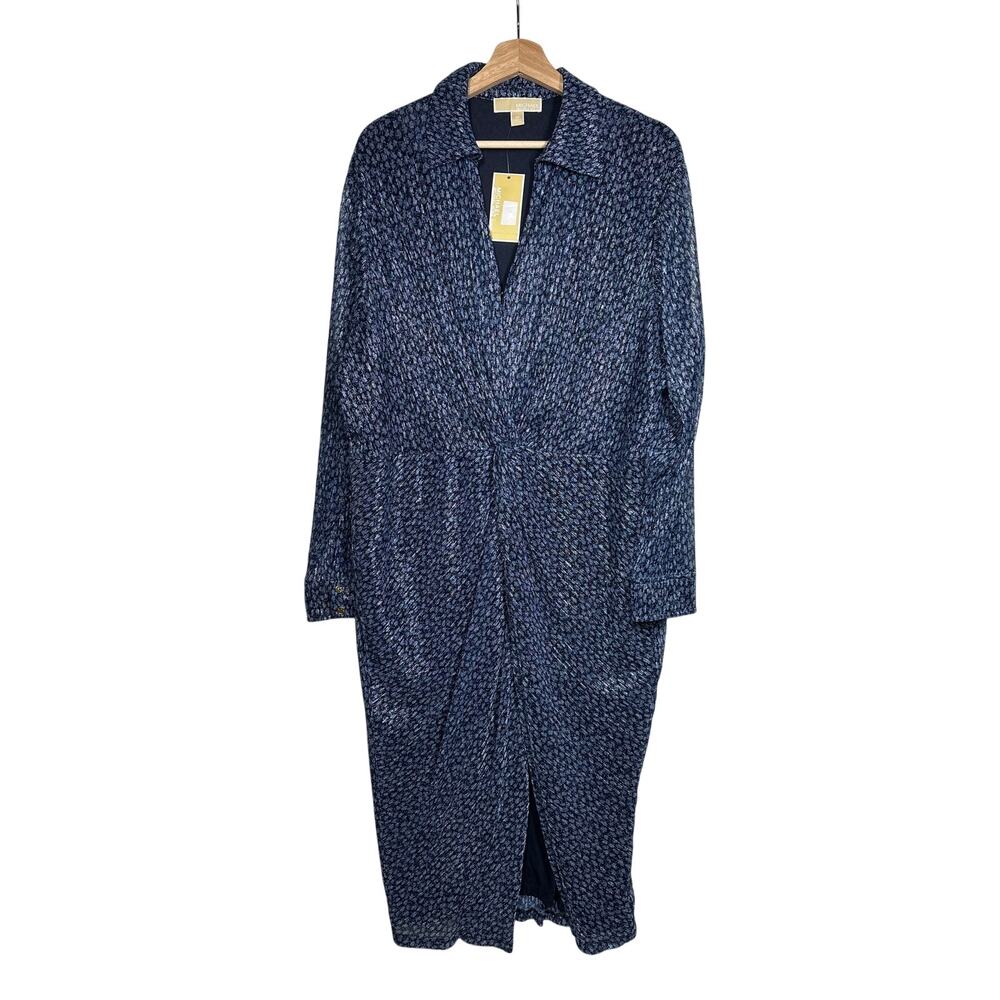 Michael Michael Kors Twist-Front Midi Dress Blue Metallic Sz 2X Party Cocktail